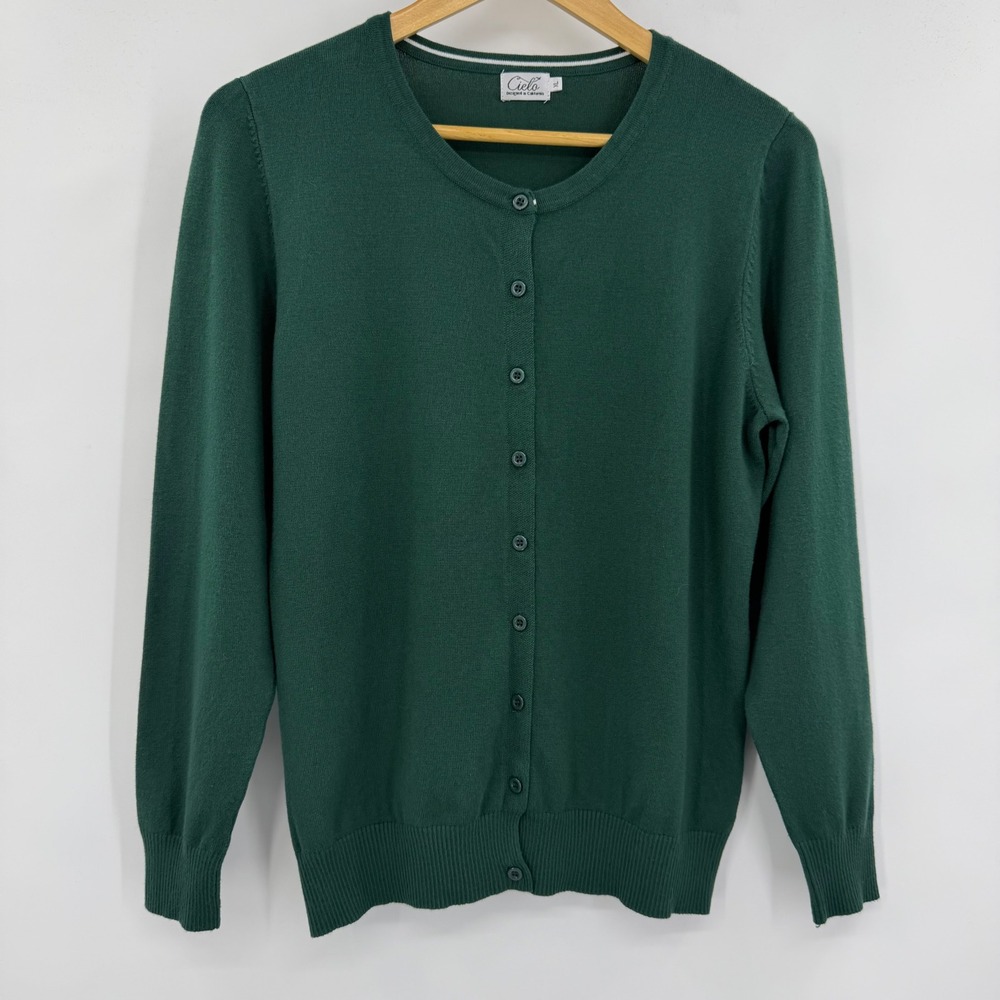 Cielo Cardigan Women XL Green Button Up Crew Neck Fine Knit Long Sleeve Sweater